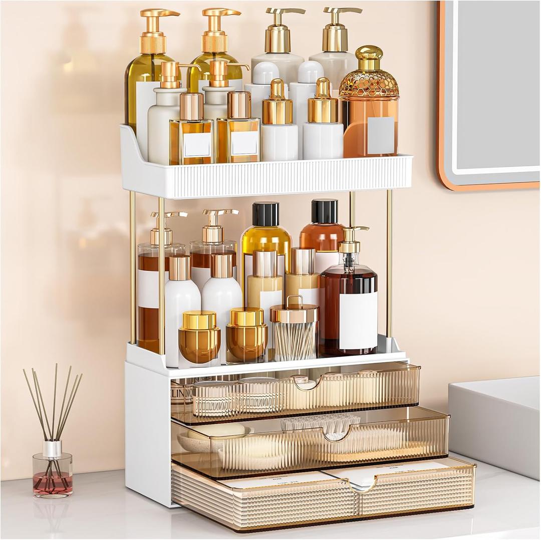 Bathroom Organizers and Storage - 3 Drawers 2 Tier Makeup Organizer, Cosmetic Storage Drawer for Dresser Countertop and Bathroom Vanity for Large Skincare, Perfume, Amber