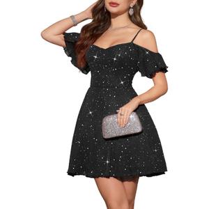 Meetjen Women's Short Prom Dresses for Teens Formal Sparkly Off Shoulder Tulle Sequin Cocktail Party Dress Homecoming (Black, XL)