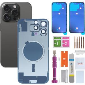 Back Glass Replacement for iPhone 16 Pro Max(6.9 inches,Black Titanium) Integrated Glass & Magnet & Metal Phase Ring Repair Tools are Included