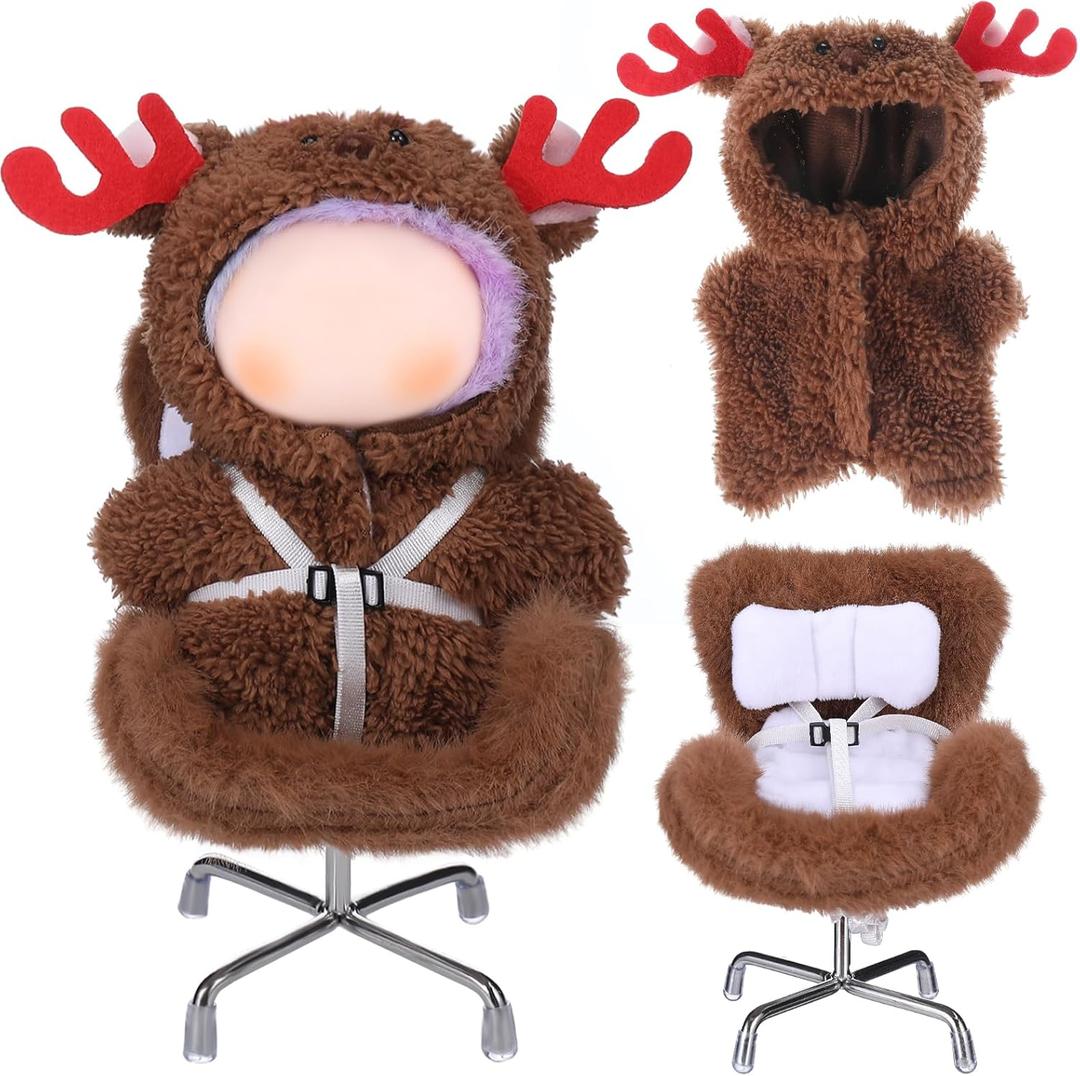 17 cm Christmas Doll Clothes with Seat, Cute and Functional Xmas Outfit with Accessories for Doll Fans and Collectors, Christmas Car Desk Office Decor(Brown,Reindeer)