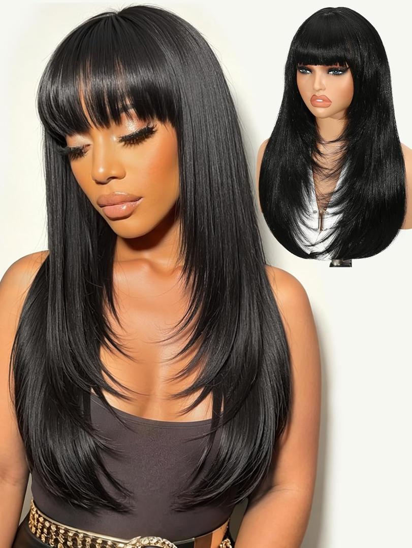 Quantum Love Long Black Hair Wig With Bangs Straight Layered Wigs For Black Women Synthetic Glueless Realistic Fiber Heat Resistant Natural Looking for Daily Party Cosplay