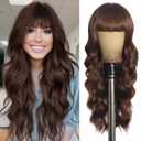Brown Wig with Bangs Long Curly Wig for Women long Chocolate Brown Wavy Wigs skin-friendly synthetic fibersc for festival holiday Use 26IN