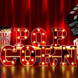 Aurelema Popcorn 6.3" Light up Letters Sign Party Decorations Battery Powered Marquee Lighted Sign LED Alphabet Letter Lights for Christmas Night Party Birthday Home Tabletop Decor Supplies Xmas Gift