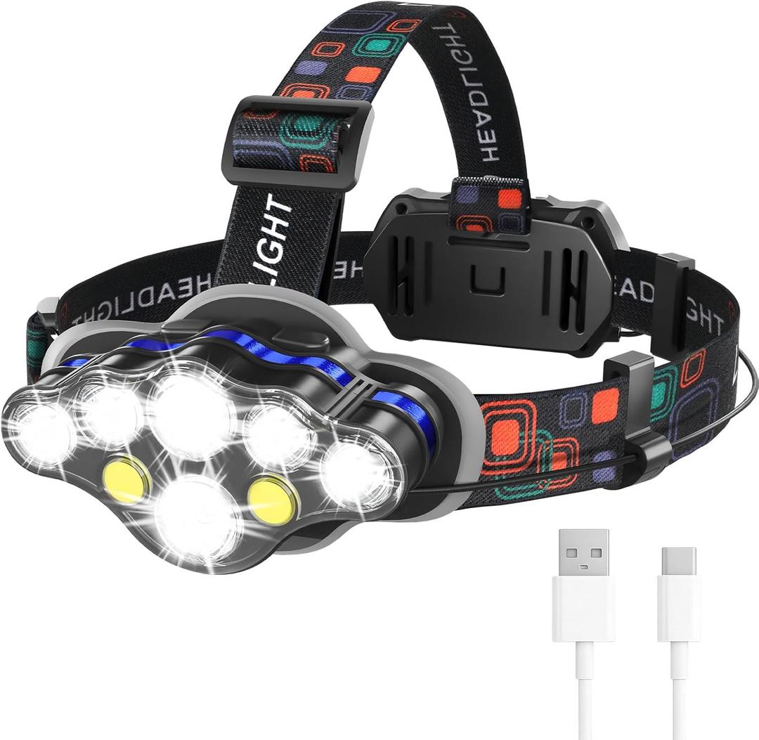 MIOISY Headlamp Rechargeable, 8 LED Super Bright Head Lamp with White Red Light, IPX4 Waterproof Head Lights for Forehead, 8 Modes Headlight Flashlight for Outdoor Hiking Running Fishing Camping (3.5inch)