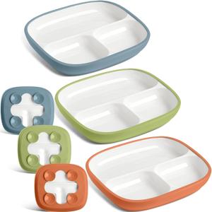 Domensi 3 Set Kids Porcelain Plates with Silicone Sleeves 8.2 Inch Divided Porcelain Plate Toddler White Suction Dishes for Baby Troubleless Eating Microwave Dishwasher Safe (Elegant), about 8 x 8 x 1 inches
