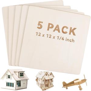 FSWCCK Unfinished Blank Square Wood Pieces, 5 Pack 6 mm 1/4" x 12" x 12" Craft Wood, Plywood Board Basswood Sheets, Perfect for DIY Projects, Drawing, Painting, Laser, Burning (5 Pcs 1/4" x 12" x 12")