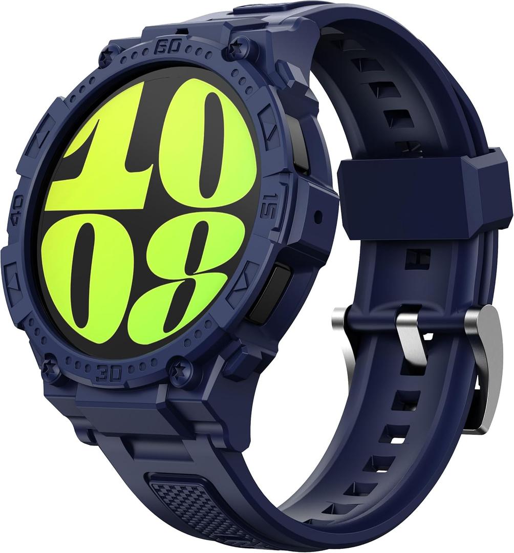 GELISHI Compatible with Galaxy Watch 6 Band 44mm Case Rugged Men Sport Band Protective Bumper Case for Galaxy Watch 6/ 5/ 4 44mm Blue
