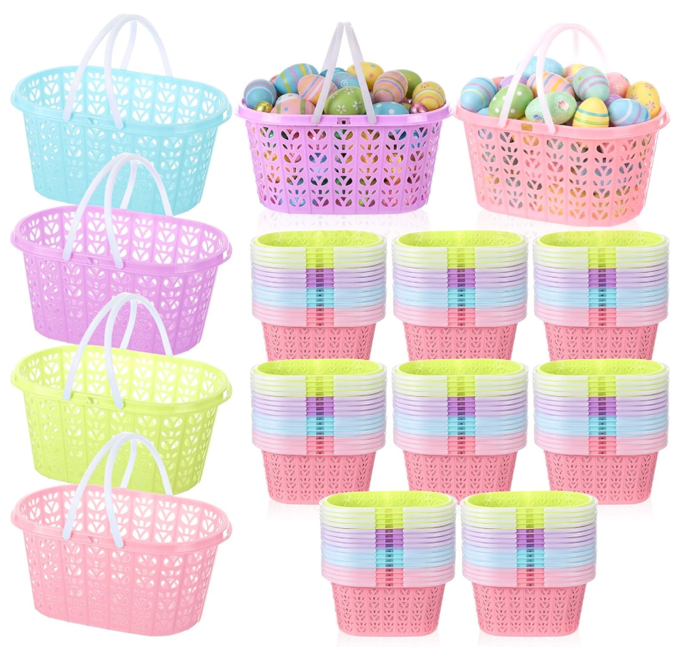 Havawish Easter Baskets Bulk with Handle Small Colorful Plastic Eggs Baskets Easter Bucket for Egg Hunt Spring Party Favors(50 Pcs,Round)