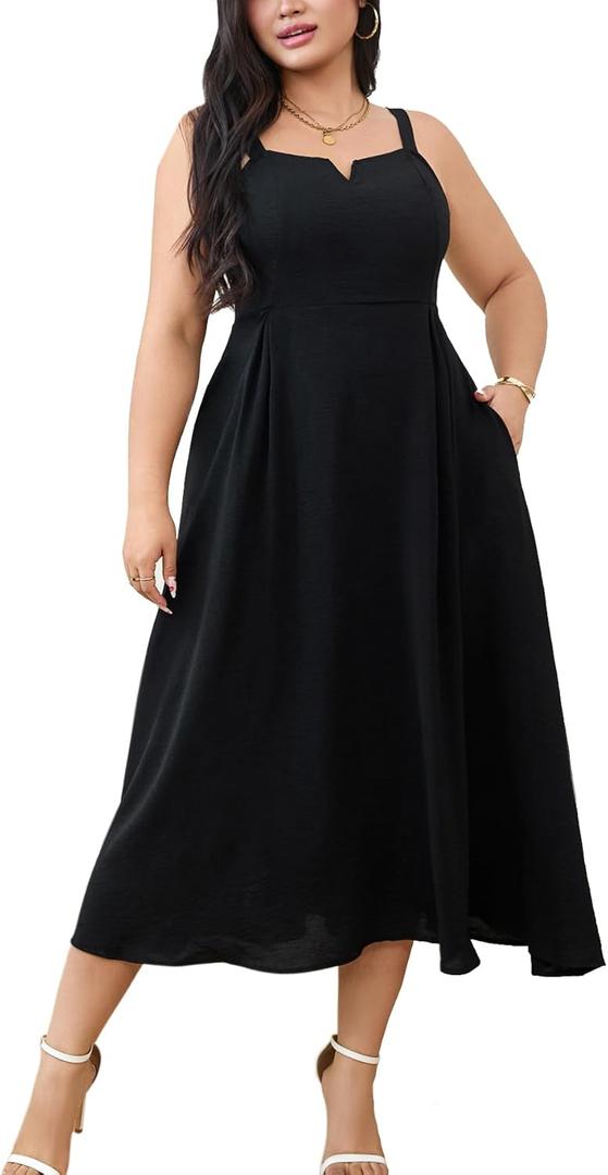 RWJ Women's Plus Size Dresses with Pockets V-Neck Sleeveless Maxi Dress for Wedding Guest Dress Formal Cocktail (XX-Large Plus, Black)