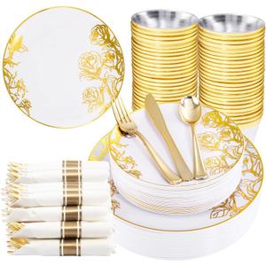 DaYammi 210Pcs White Gold Plastic Plates,Gold Disposable Dinnerware Set Includes 60 gold floral plates,30 plastic Silverware,30 Per Rolled Napkins,30 Plastic Cups for Party Wedding Birthday