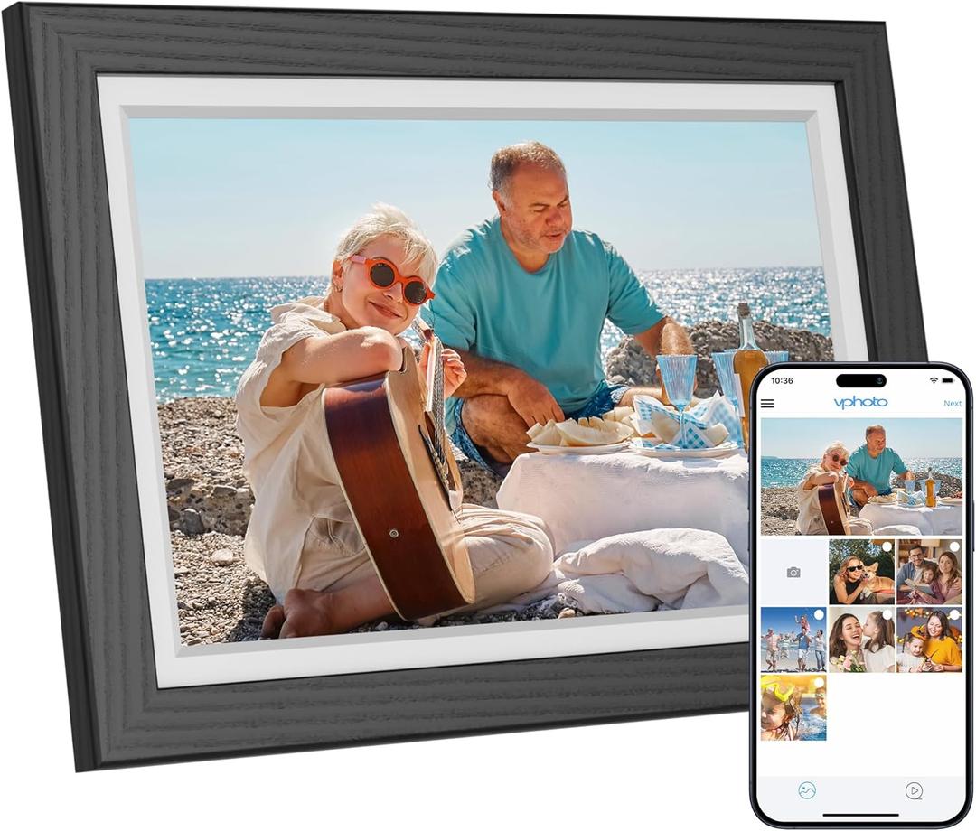 Dragon Touch Digital Picture Frame WiFi 10 inch IPS Touch Screen Digital Photo Frame Display, 32GB Storage, Auto-Rotate, Share Photos via App, Email, Cloud, Classic 10 Brown (Black wood)