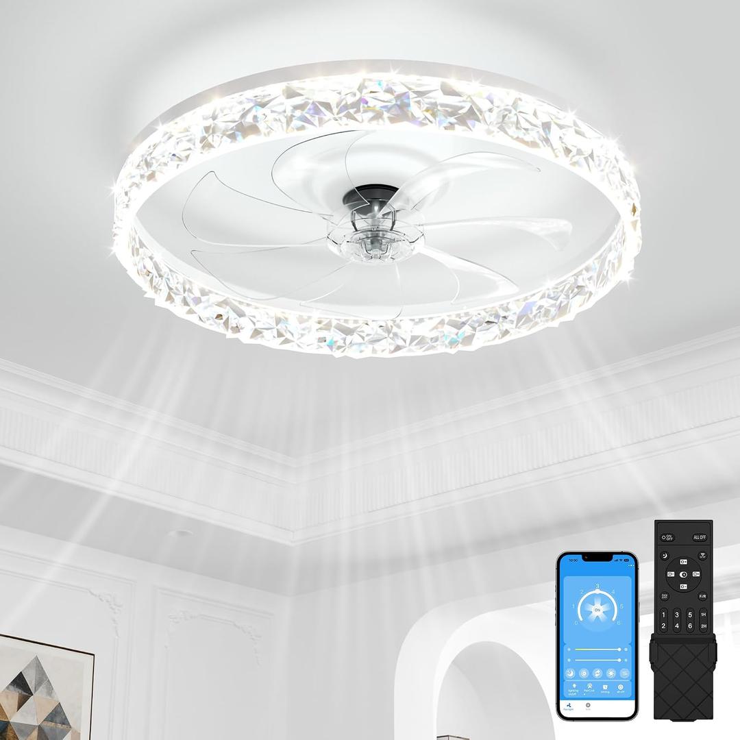 VOLISUN Low Profile Ceiling Fan with Lights and Remote, No Assembly, 20in Modern Ceiling Fans Flush Mount, 3000K-6500K Dimmable Bladeless LED Fan Light, White Fandelier Ceiling Fans for Bedroom