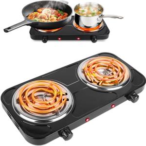 2000W Electric Hot Plate,Portable Electric Stove Countertop Double Coil Burners W/Dual Control&5 Level Temperature Control, Easy to Clean,Lightweight Cast Iron Countertop Stove for Home Camp RV 110V