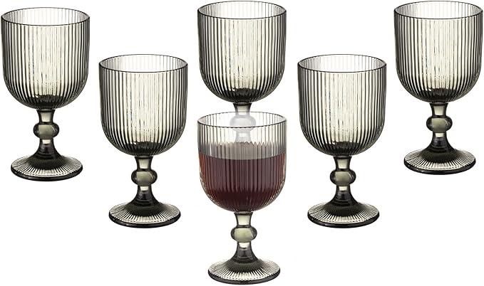 Vintage Wine Glasses Set of 6, 11 Ounces Colored Glass Water Goblets, Colorful Unique Embossed Pattern High Clear Stemmed Glassware Wedding Party Bar Glass Drinking Cups Vertical Line Grey