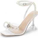 DREAM PAIRS Stiletto Bow Heels for Women Strappy Sparkly Rhinestone Square Toe Clear Crystal High Sandals for Party Wedding (10, White-pearl)