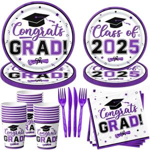 Purple Graduation Decorations Dinnerware Set, Class of 2025 Graduation Plates and Napkins, Graduation Plates and Cups and Napkins Set for Congrats Grad Party Decorations, Serve 25