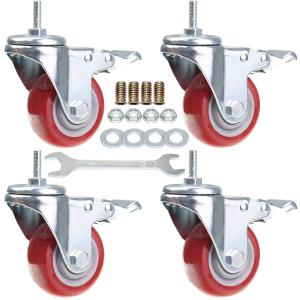 Heavy Duty Stem Caster Wheels Double Bearing PU Castors No Noise Swivel Casters M8-1.25x25mm 4 Packs with Dual Locking (3 Inch,with Brake)