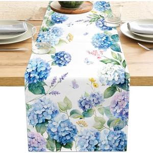 2 Pack Watercolor Hydrangea Table Runner Blue Butterfly Spring Summer Table Decorations Rustic Coffee Table Runners for Home Kitchen Dining Room Wedding Party 13x71 Inch (13x71 Inch, Hydrangea)