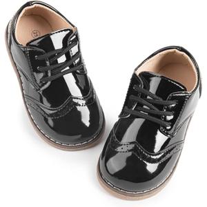 Meckior Toddler Boys Girls Black Dress Shoes Little Kid Oxford Shoes Wedding Church Dress Shoes PU Leather Lace Up School Uniform Loafer Flats Size 30