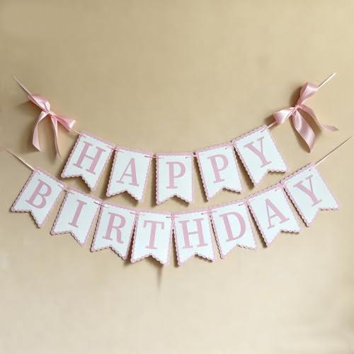 Bow Happy Birthday Banner Decorations, Cute Birthday Banner Garland Party Decor, Coquette Bow Birthday Party Supplies (Pink)
