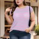 Cap Sleeve Tops for Women Summer Striped Short Sleeve Sweater Top Crew Neck Sleeveless Vest Spring Going Out Shirts (Medium, Pink)