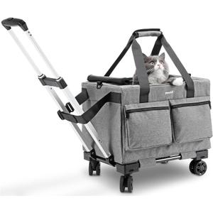 Pecute Cat Carrier with Wheels,Steel Wire Frame Cat Carrier, Stable Pet Trolley Bag for Cats, Pet Handbag and Stroller, Portable Cat Carrier Bag for Car Travel Bus Subway, Grey (17.3"L x 11.7"W x 11.4"H)