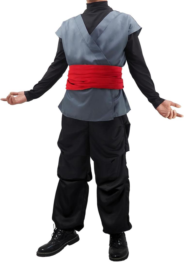 Anime Kung Fu Cosplay Costume Set, Black and Gray Uniform with Red Belt, Halloween Full Outfit (Medium)