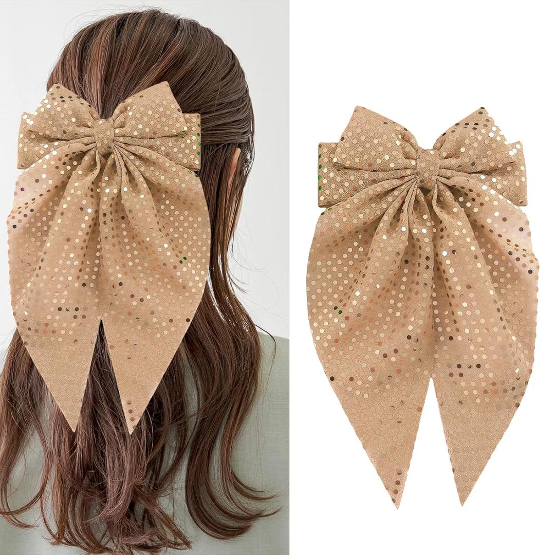 3 x Christmas Large Hair Bows for Women Big Bow Accessories with Glitter Design Gold Ribbon Bow Hair Clips Barrettes Gold Sequins Big Ribbon Bows Long Ribbons for Girls