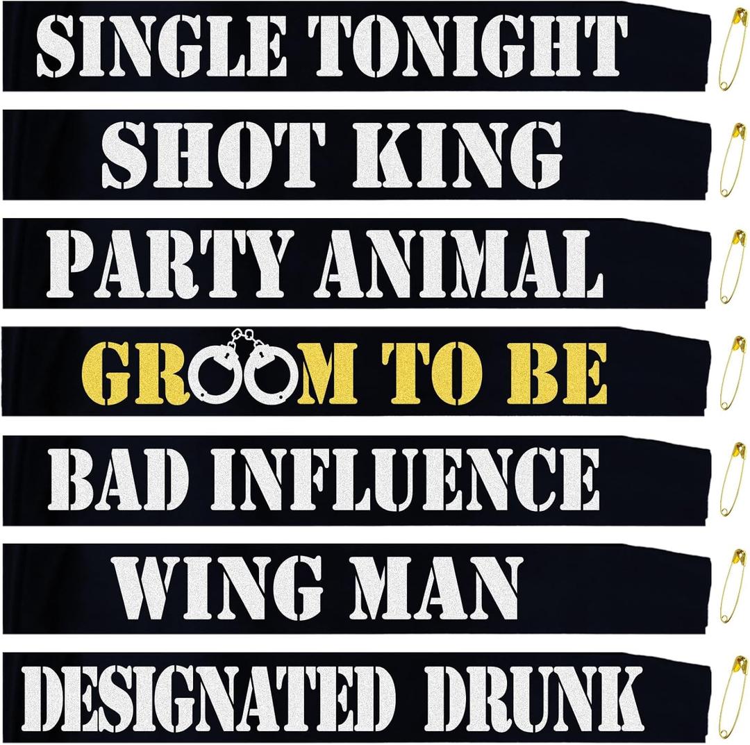 7 Pcs Bachelor Party Sashes Set - Funny Groom to Be/Team Groom/Groomsmen/Best Man Sash for Men Bachelor Bachelorette Party Accessories Favors Supplies Decorations Gifts(Black, Silver)