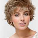 TISHINING Short Ombre Blonde Curly Wig with Bangs Fluffy Layered Blonde Pixie Cut Wigs for White Women Natural Wavy Synthetic Hair Replacement Wig