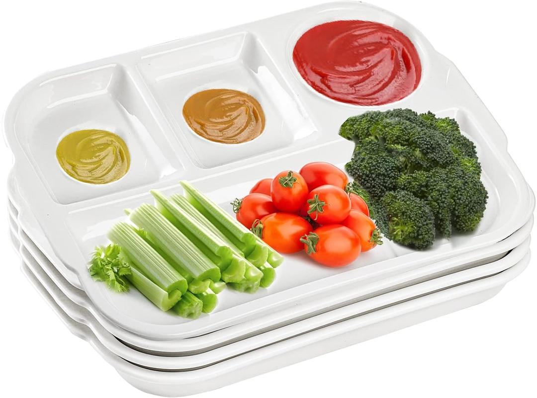 TOPZEA 4 Pack Divided Dinner Trays, Ceramic Serving Platter Dinner Plates with 4 Compartments Partition Fast Food Lunch Tray for Portion Control, Fondue Plates with Vinegar Sauce Dish