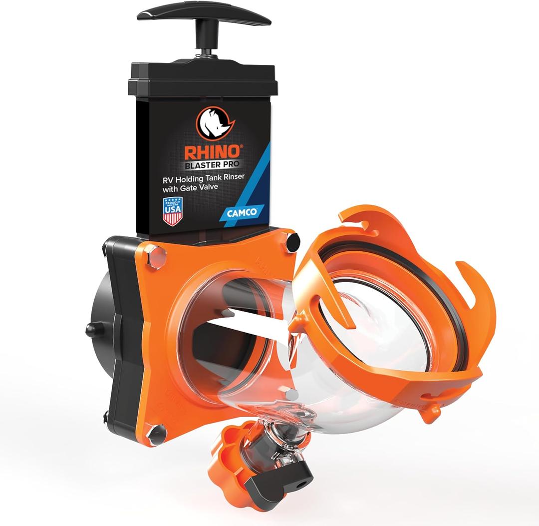 Camco Rhino Blaster RV Tank Rinser with Gate Valve & Backflow Preventer - RV Accessories for Waste Tank Cleaning - Essential Camper Supplies for Odor Control and Sensor Maintenance - (39086) (1.3 pounds)