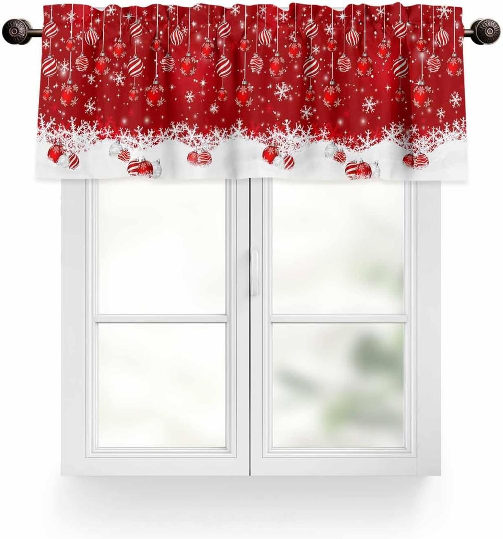 Christmas Window Valance Winter Snowflakes Window Treatment Merry Christmas Ball Ornaments Rod Pocket Curtain Valance,54x18 inch Xmas Snowflake Sparkle Red Kitchen Valance for Bathroom Cafe