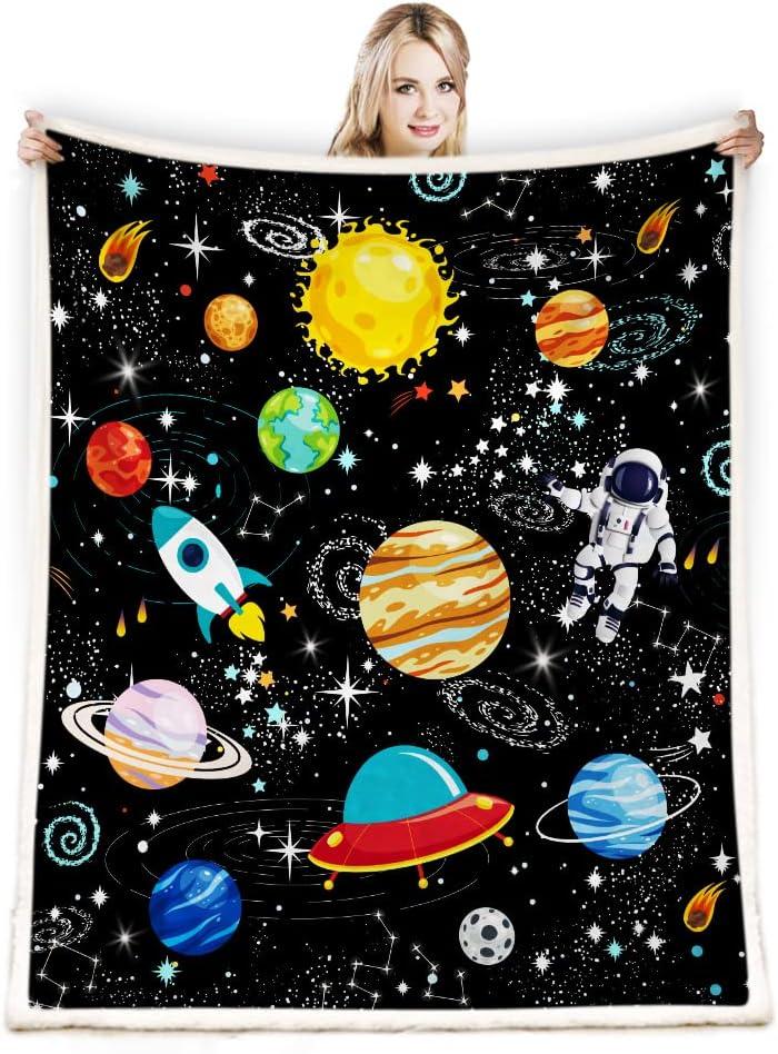 Outer Space Blanket for Boys - Constellation Solar System Fleece Ultra Soft Galaxy Rocket Planet Kids Gift for Birthday, Bed, Couch, Sofa, Living Room Decor