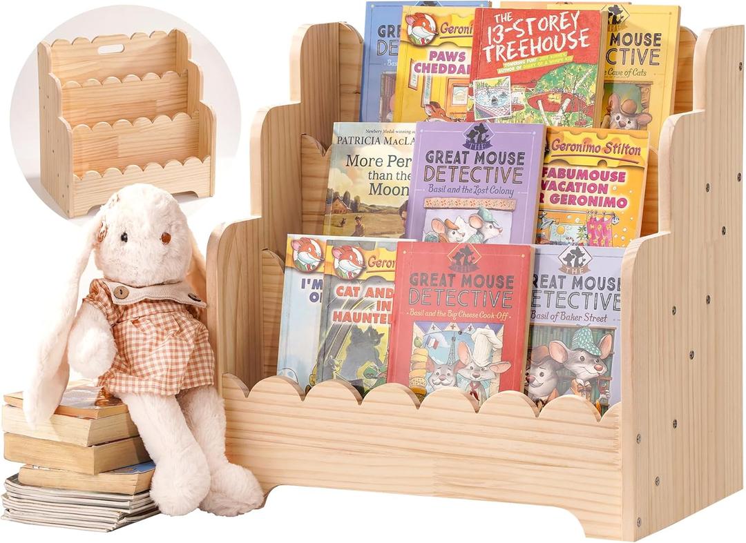Kids Bookshelf Storage 3-Tier, Book Case for Kids Rooms, Scalloped Wooden Montessori Bookcase for Toddlers & Baby, Small Nursery & Classroom Book Shelves, Solid Wood Organizer