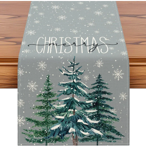 OTOSTAR Christmas Tree Snowflakes Merry Christmas Table Runner, Xmas Seasonal Winter Holiday Kitchen Dining Table Decoration for Home Party Decor 13x120 Inch (Grey)