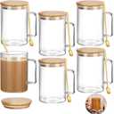 Jingmore 6 Sets 20 oz Clear Large Glass Coffee Mugs with Handles and Lids 6 Big Tea Cups with 6 Gold Spoons for Latte Espresso Tea Cappuccino Hot Cold Beverages