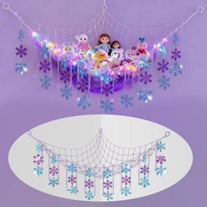 Wesnoy Winter Snowflake Stuffed Animals Hammock Net with LED Light Nursery Winter Room Decor Snowflake Plushie Ceiling Net Toy Storage Organizer Blue Purple Wall Hanging for Bedroom Nursery Playroom