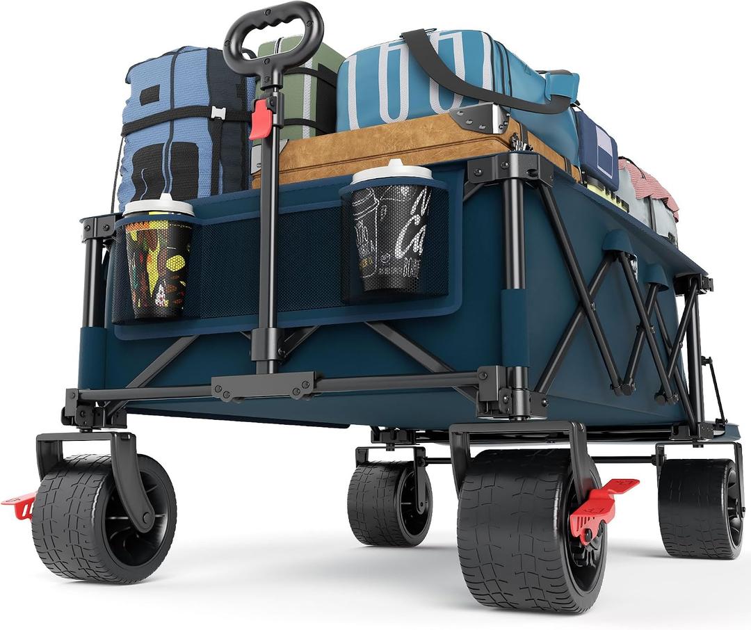 TIMBER RIDGE 600L Beast Wagon 26" W Extra Wide All Terrain Folding w/Big Wheels, Cargo Net & Tailgate, 26" W and 55.25" L, 400lbs Heavy Duty Collapsible Portable Cart for Camping, Sports, Dogs, Blue