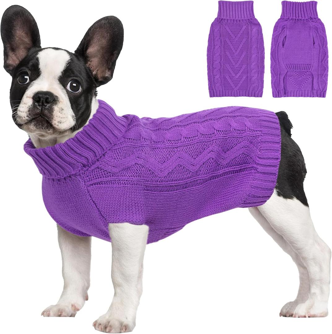 Dog Sweaters for Small Dogs Warm Dog Clothes Winter Chihuahua Clothes Girl Boy Puppy Sweater Cable Knitted Doggy Coat Soft Mini Dachshund Sweater with Turtleneck Pullover Design(D-Purple, X-Large)