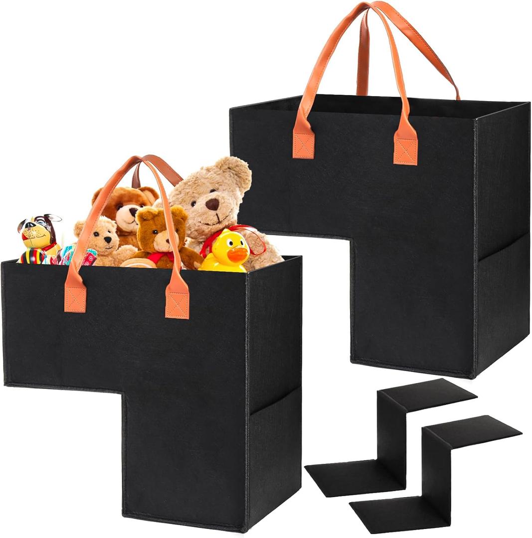 Yopay 2 Pack Stair Basket with Leather Handle, Upgraded Foldable Step Basket Bins for Stairs, Felt Staircase Storage Organizer with Supporting Insert for Carpeted Wooden Stair, Book, Clothes, Computer