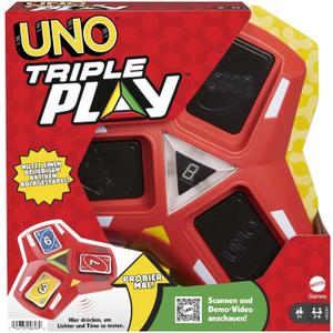 UNO Triple Play Card Game with Card-Holder Unit with Lights & Sounds & 112 Cards, Kid, Teen & Adult Game Night Gift Ages 7 Years & Older, HCC21