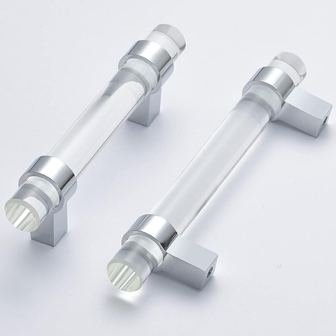 5Pack Glass Drawer Handles, Kitchen Cabinet Pulls Crystal Dresser Drawer pulls(3-3/4 Inch Hole Center), Polished Chrome