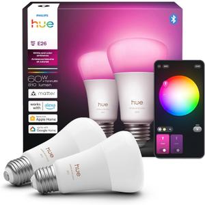 Philips Hue Smart LED A19 Bulb 2-Pack, White Color Ambiance, E26 Base, 7.2W, Full Spectrum Light 1000K-20000K, 810 Lumens, Dimmable, Works with Alexa, Google,& Apple Home