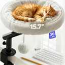 PetLovers Cat Desk Bed - Rattan Elevated Desk Cat Bed Attachment with Removable Washable Cushion, 360 Swivel Arm, Secure Clamp - Keeps Your Cat Close While You Work or Play