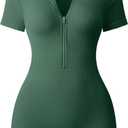 OQQ Women Rompers Ribbed Short Sleeve Zip Front Stretch Tummy Control Yoga Workout Rompers (Small, Darkgreen)