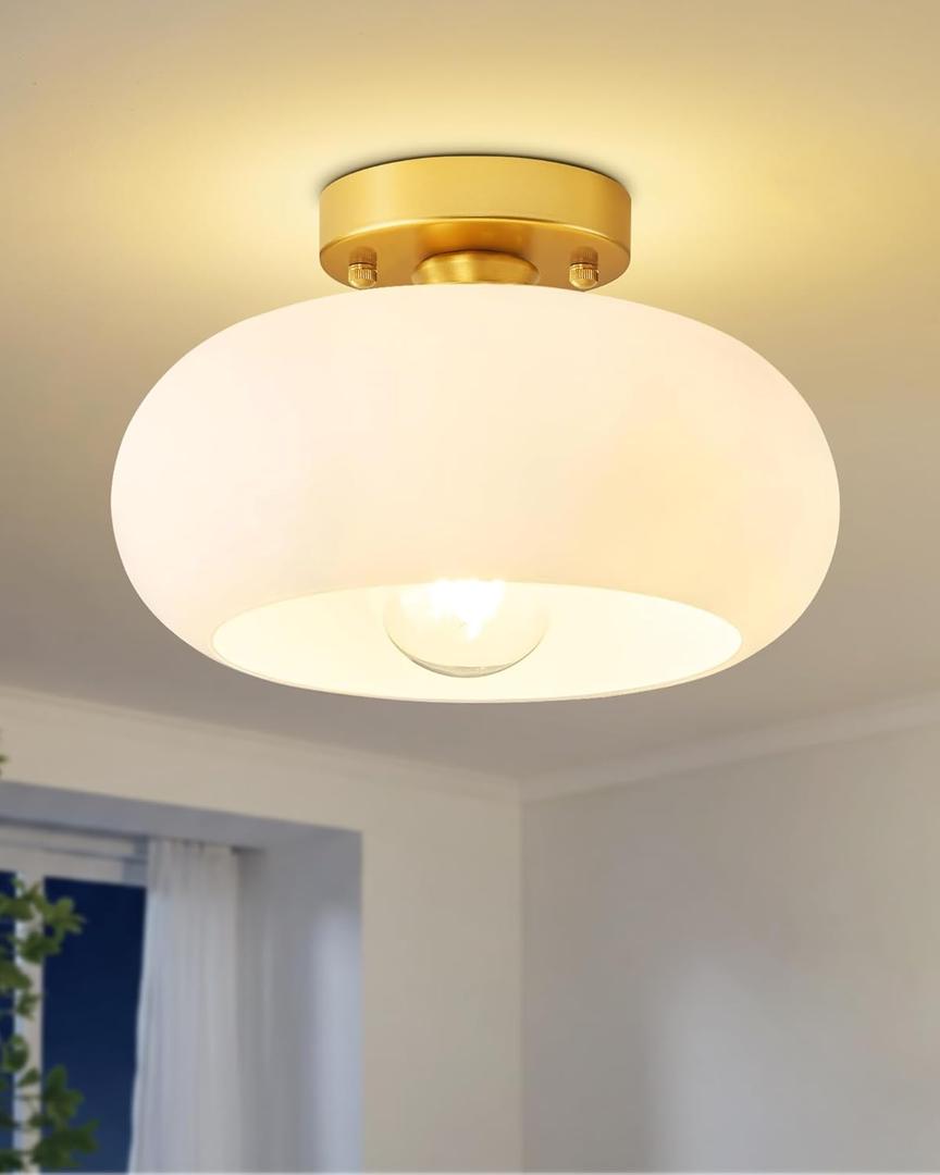 Yunnix Semi Flush Mount Ceiling Light, Milk Glass Light Fixture, Gold Mid-Century Modern Farmhouse Small Light Fixtures for Hallway, Bathroom, Kitchen, Bedroom, Living Room, Closet, Laundry(8.66 Inch)