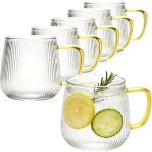 Greentainer Borosilicate Glass Coffee Mugs Set of 6, 20 oz Large Ribbed Drinking Water Glasses, Clear Tea Cups with Handle for Latte, Cappuccino, Hot/Cold Beverages, Dishwasher Safe Glassware