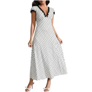 Milumia Women's Polka Dots Lace Trim Deep V Neck Dress Short Sleeve Flared Long Dresses White Small