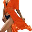 EKOULER Womens Long Lace Cover up Sheer Bikini Coverups Kimono Tie Front Bathing Suit Swimsuit Beachwear XL